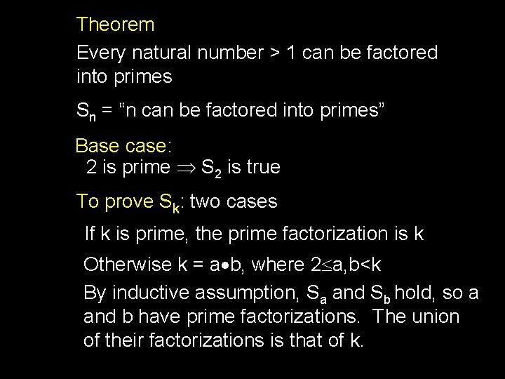 Theorem Every natural number > 1 can be factored into primes Sn = “n