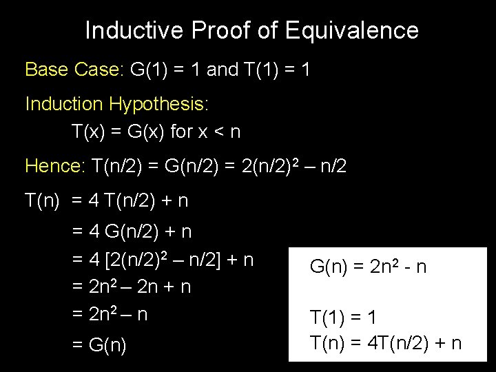 Inductive Proof of Equivalence Base Case: G(1) = 1 and T(1) = 1 Induction