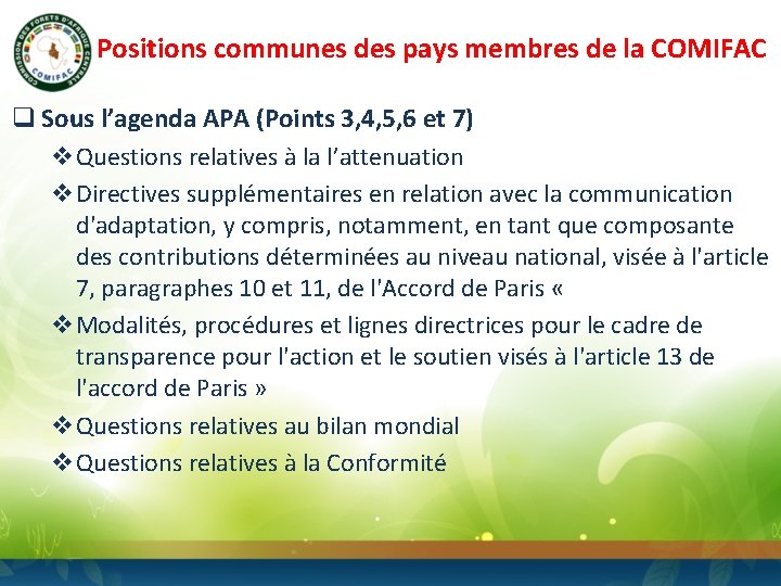 Positions communes des pays membres de la COMIFAC q Sous l’agenda APA (Points 3,