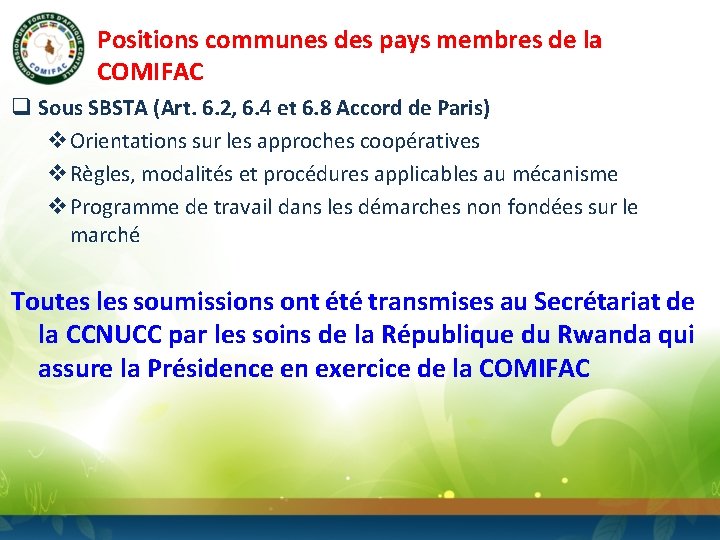 Positions communes des pays membres de la COMIFAC q Sous SBSTA (Art. 6. 2,