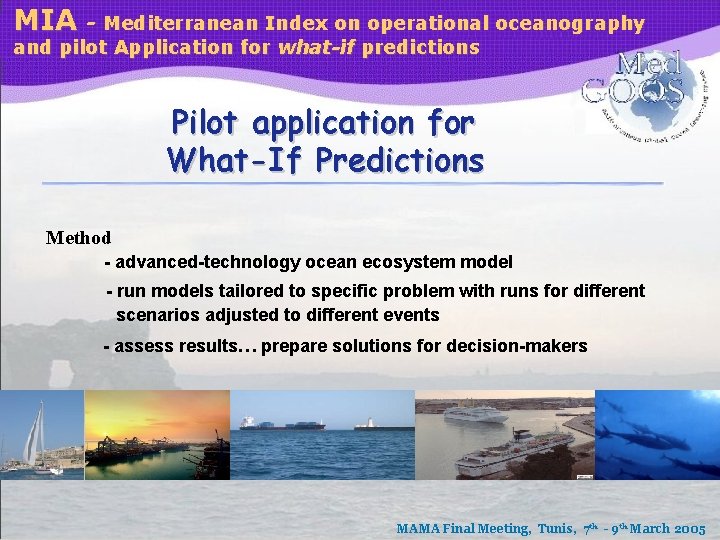 MIA - Mediterranean Index on operational oceanography and pilot Application for what-if predictions Pilot