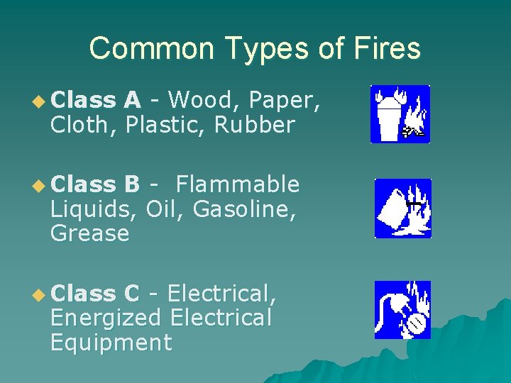 Common Types of Fires u Class A - Wood, Paper, Cloth, Plastic, Rubber u