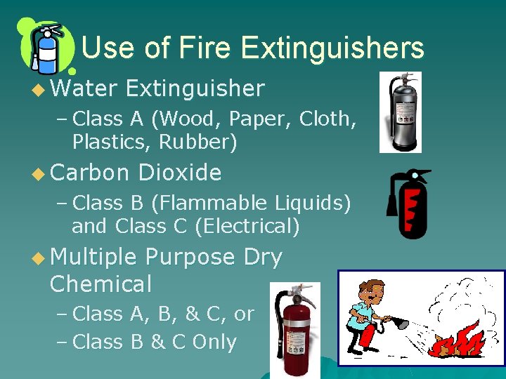 Use of Fire Extinguishers u Water Extinguisher – Class A (Wood, Paper, Cloth, Plastics,