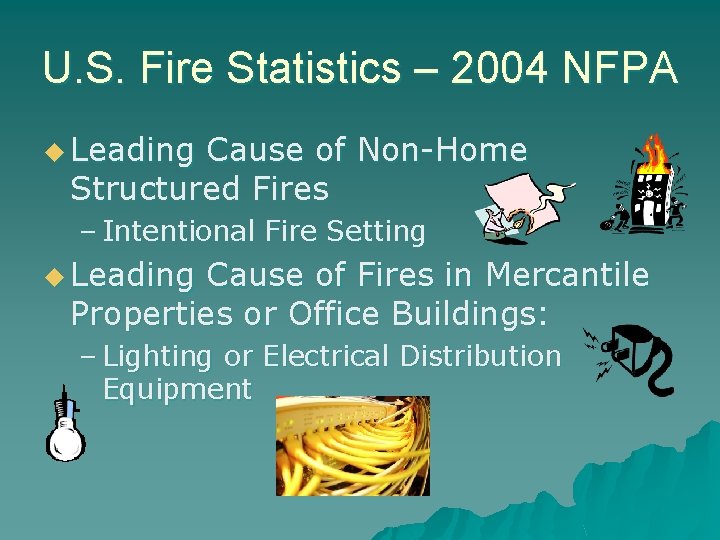 U. S. Fire Statistics – 2004 NFPA u Leading Cause of Non-Home Structured Fires