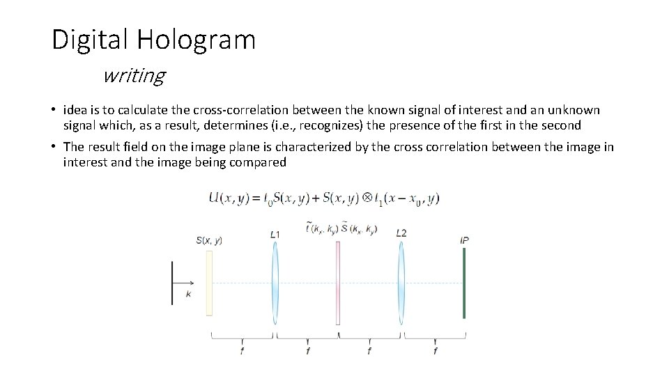 Digital Hologram writing • idea is to calculate the cross-correlation between the known signal