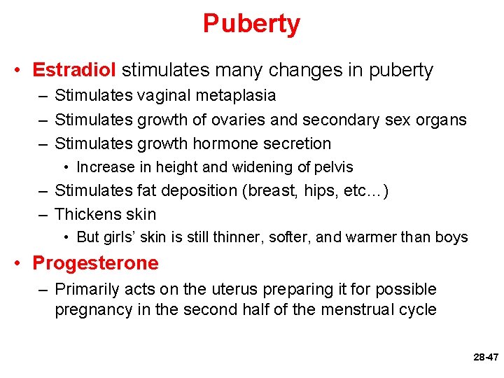 Puberty • Estradiol stimulates many changes in puberty – Stimulates vaginal metaplasia – Stimulates