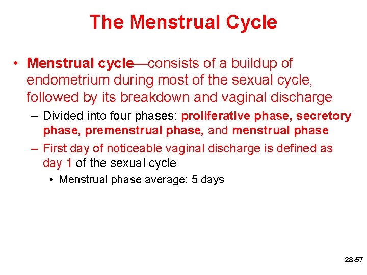 The Menstrual Cycle • Menstrual cycle—consists of a buildup of endometrium during most of