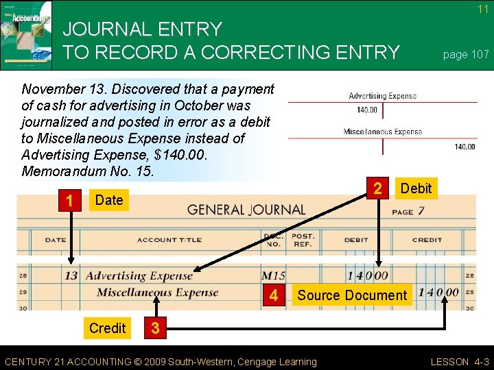 11 JOURNAL ENTRY TO RECORD A CORRECTING ENTRY page 107 November 13. Discovered that