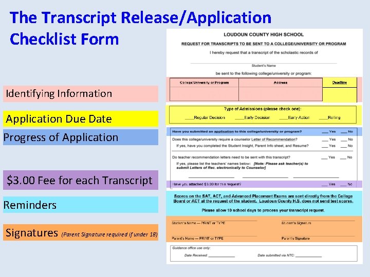 The Transcript Release/Application Checklist Form Identifying Information Application Due Date Progress of Application $3.