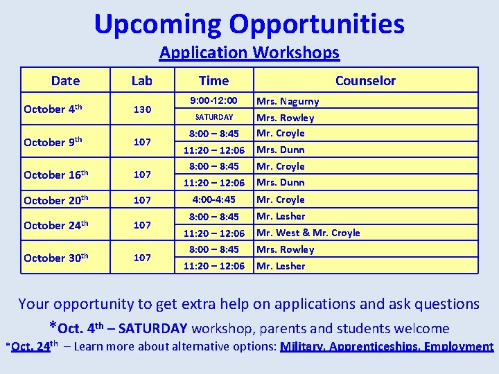 Upcoming Opportunities Application Workshops Date Lab October 4 th 130 October 9 th 107