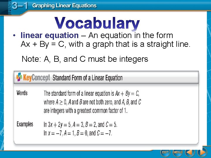  • linear equation – An equation in the form Ax + By =