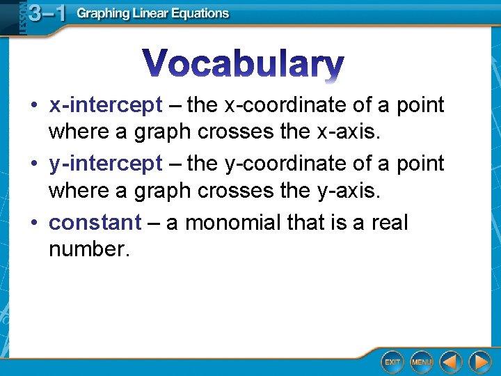  • x-intercept – the x-coordinate of a point where a graph crosses the