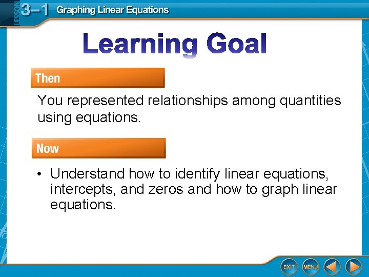 You represented relationships among quantities using equations. • Understand how to identify linear equations,