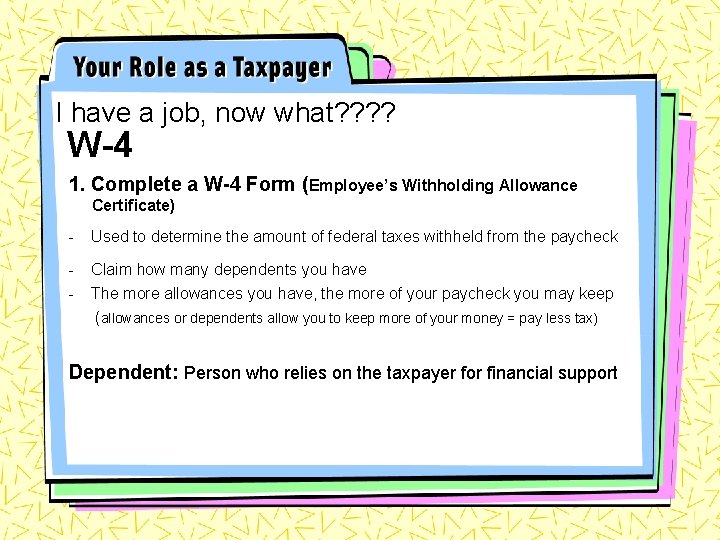 I have a job, now what? ? W-4 1. Complete a W-4 Form (Employee’s