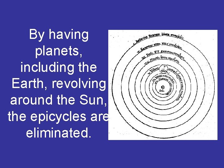 By having planets, including the Earth, revolving around the Sun, the epicycles are eliminated.