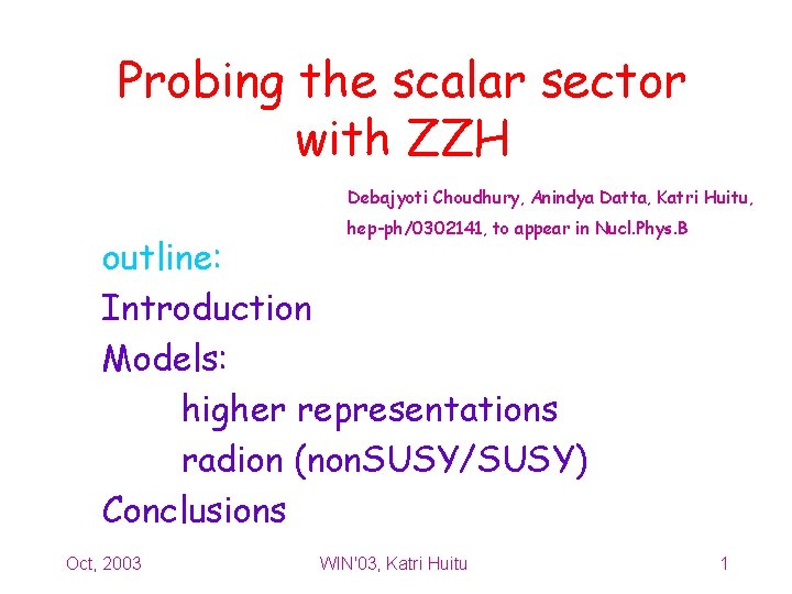 Probing the scalar sector with ZZH Debajyoti Choudhury, Anindya Datta, Katri Huitu, hep-ph/0302141, to