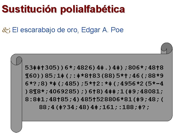 Sustitución polialfabética k El escarabajo de oro, Edgar A. Poe 53‡‡† 305))6*; 4826)4‡. )4‡);