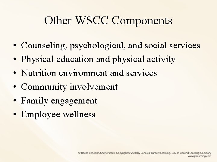 Other WSCC Components • • • Counseling, psychological, and social services Physical education and