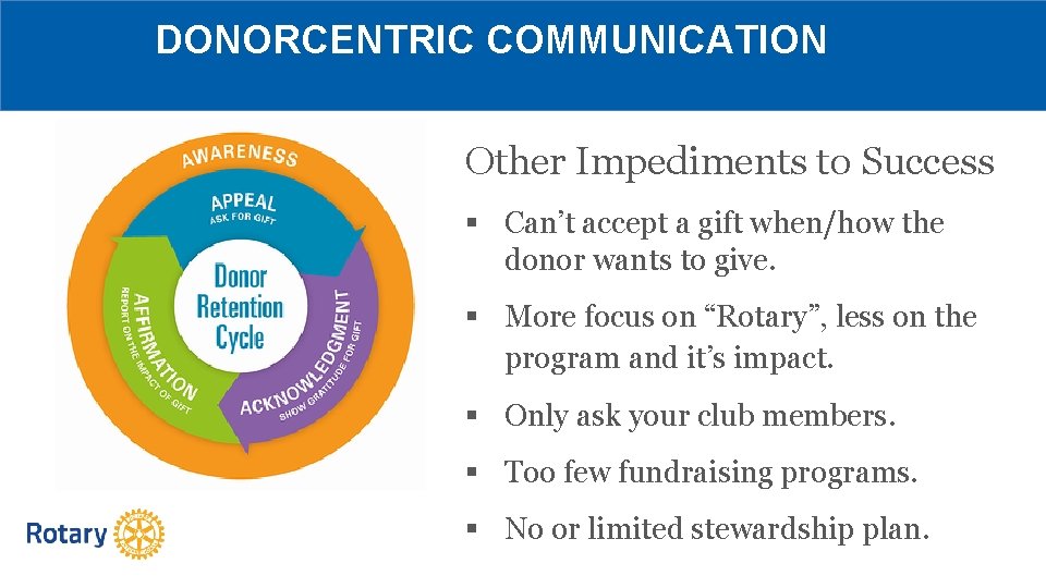 DONORCENTRIC COMMUNICATION Other Impediments to Success § Can’t accept a gift when/how the donor