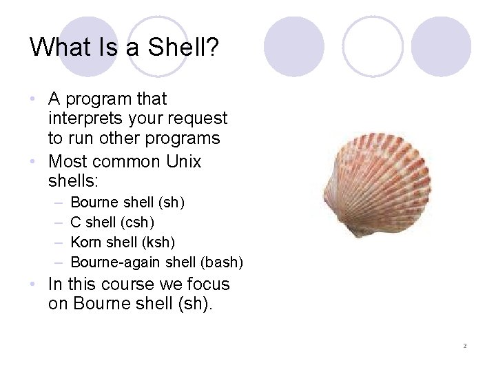 What Is a Shell? • A program that interprets your request to run other What Is a Shell? • A program that interprets your request to run other