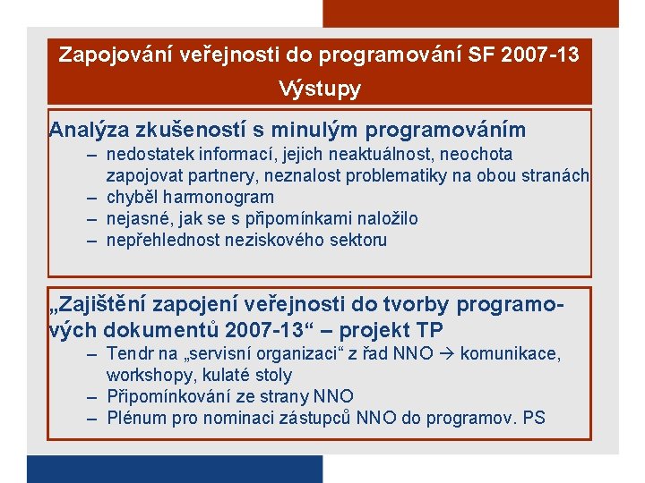 Zapojování veřejnosti do programování SF 2007 -13 Výstupy Analýza zkušeností s minulým programováním –