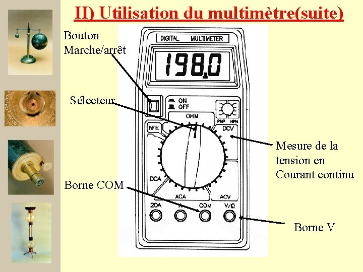II) Utilisation du multimètre(suite) Bouton Marche/arrêt Sélecteur Borne COM Mesure de la tension en