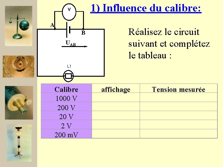 1) Influence du calibre: V A B UAB Réalisez le circuit suivant et complétez