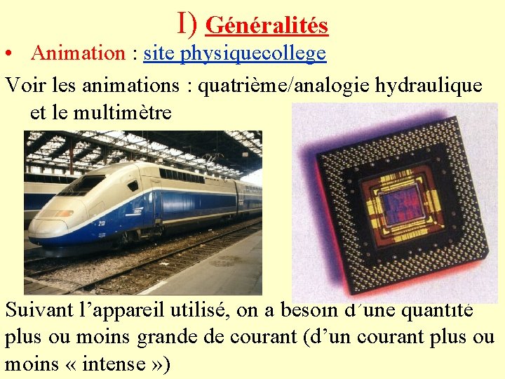 I) Généralités • Animation : site physiquecollege Voir les animations : quatrième/analogie hydraulique et