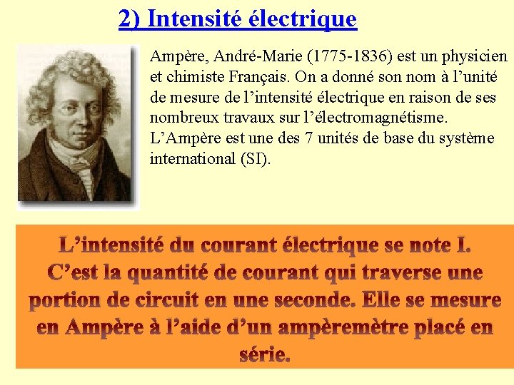 2) Intensité électrique Ampère, André-Marie (1775 -1836) est un physicien et chimiste Français. On