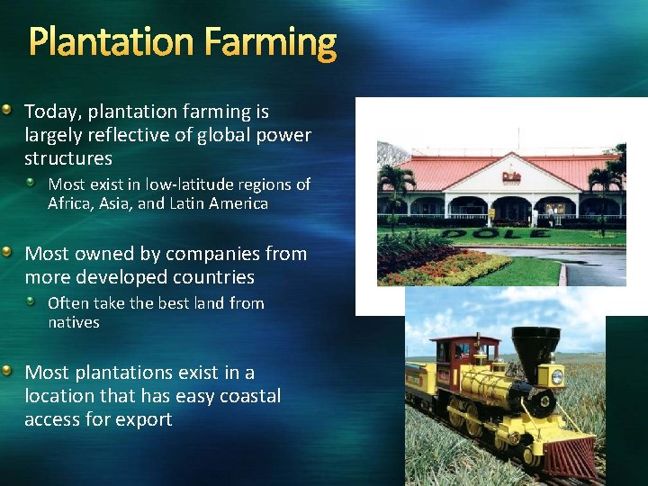 Plantation Farming Today, plantation farming is largely reflective of global power structures Most exist
