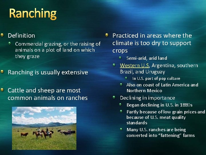 Ranching Definition Commercial grazing, or the raising of animals on a plot of land