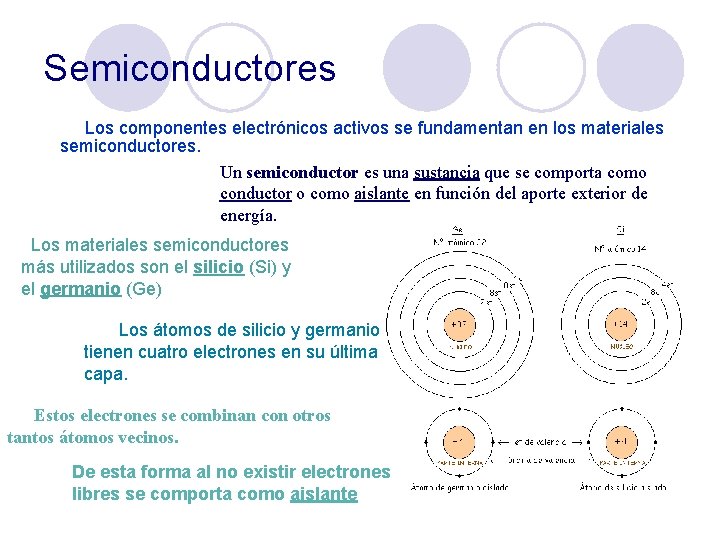 Semiconductores Los componentes electrónicos activos se fundamentan en los materiales semiconductores. Un semiconductor es