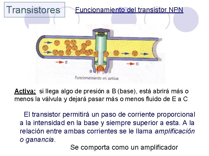 Transistores Funcionamiento del transistor NPN Activa: si llega algo de presión a B (base),