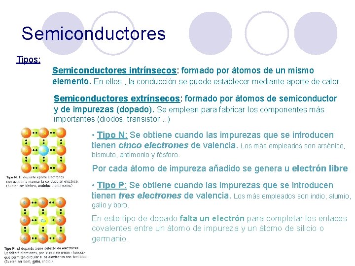Semiconductores Tipos: Semiconductores intrínsecos: formado por átomos de un mismo elemento. En ellos ,