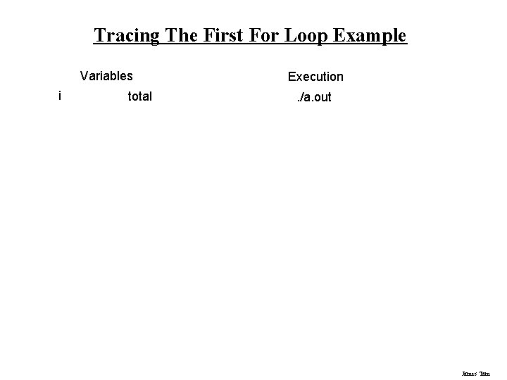 Tracing The First For Loop Example Variables i total Execution. /a. out James Tam