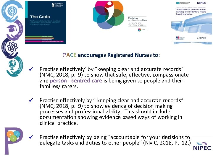 PACE encourages Registered Nurses to: Practise effectively’ by “keeping clear and accurate records” (NMC,