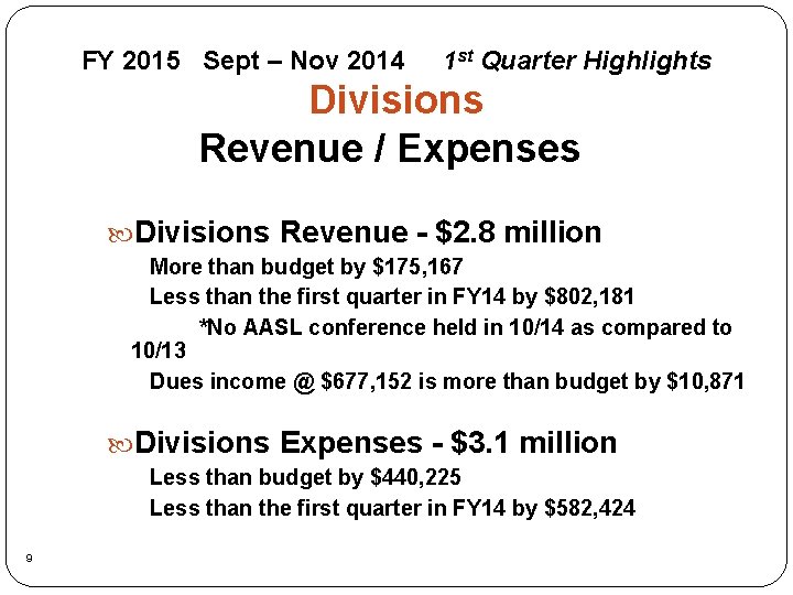 FY 2015 Sept – Nov 2014 1 st Quarter Highlights Divisions Revenue / Expenses