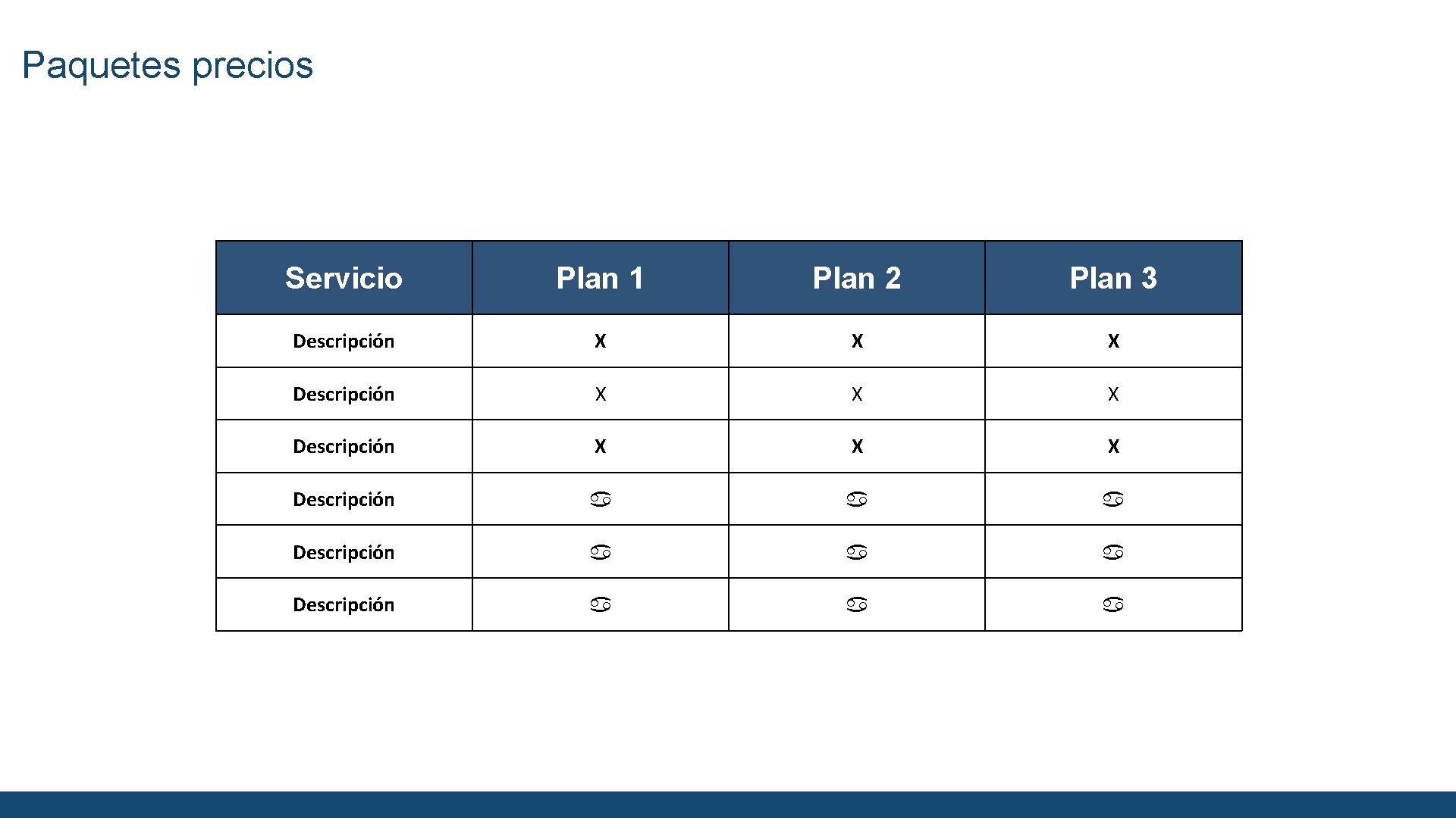 Pack 1 Paquetes precios Servicio Plan 1 Plan 2 Plan 3 Descripción X X