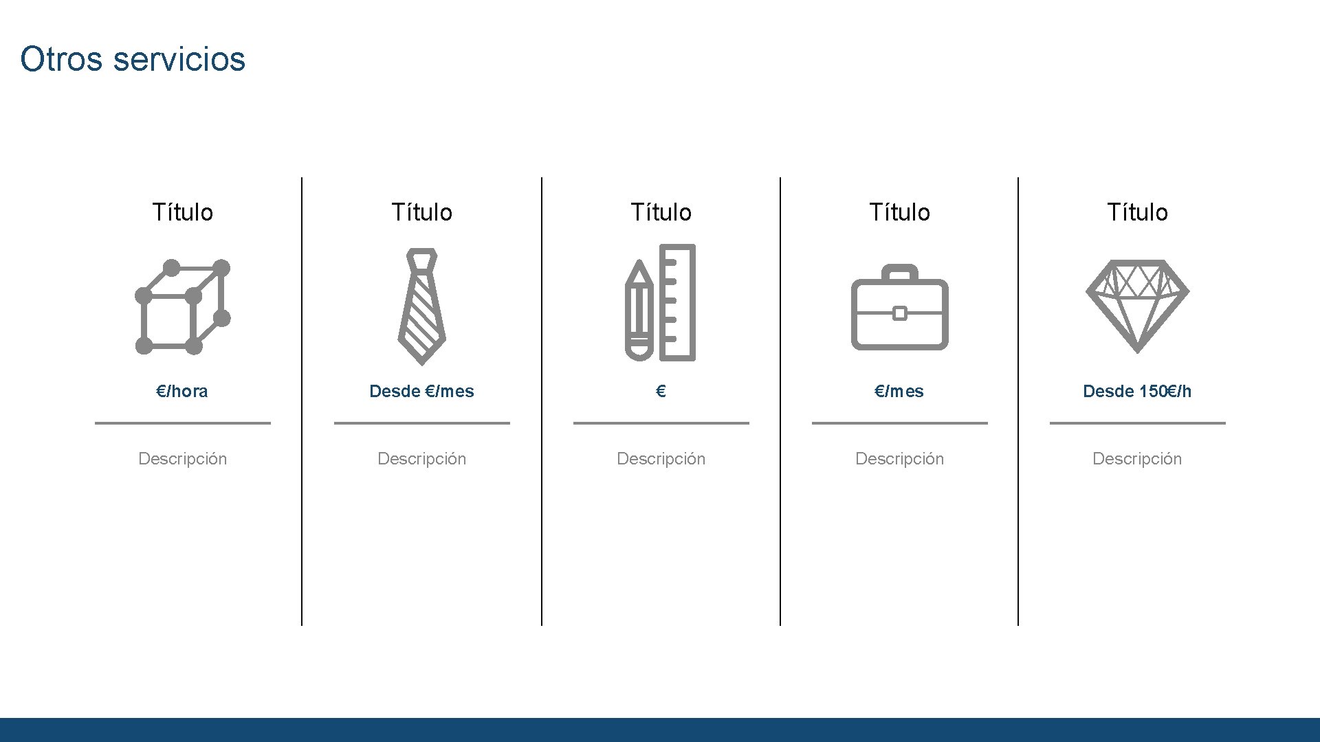 Otros servicios Título Título €/hora Desde €/mes € €/mes Desde 150€/h Descripción Descripción 