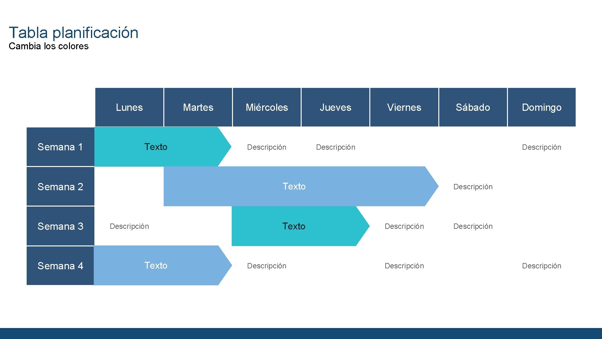 Tabla planificación Cambia los colores Lunes Semana 1 Martes Texto Semana 2 Semana 3