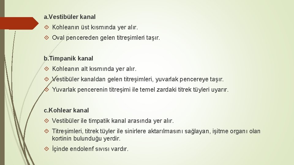 a. Vestibüler kanal Kohleanın üst kısmında yer alır. Oval pencereden gelen titreşimleri taşır. b.