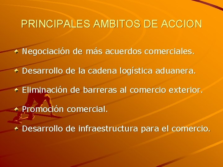 PRINCIPALES AMBITOS DE ACCION Negociación de más acuerdos comerciales. Desarrollo de la cadena logística