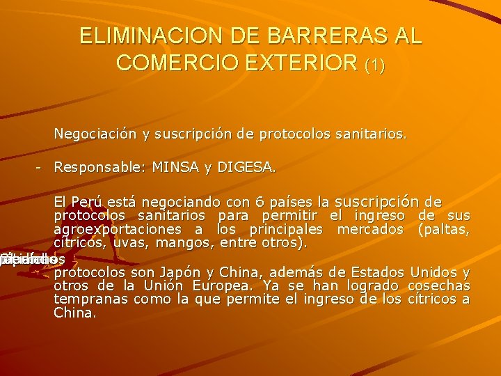 ELIMINACION DE BARRERAS AL COMERCIO EXTERIOR (1) Negociación y suscripción de protocolos sanitarios. -