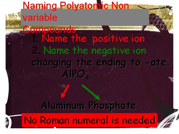 Naming Polyatomic Non variable Compounds 1. Name the positive ion 2. Name the negative