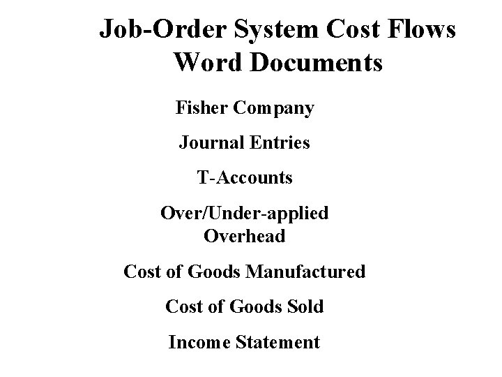 Job-Order System Cost Flows Word Documents Fisher Company Journal Entries T-Accounts Over/Under-applied Overhead Cost