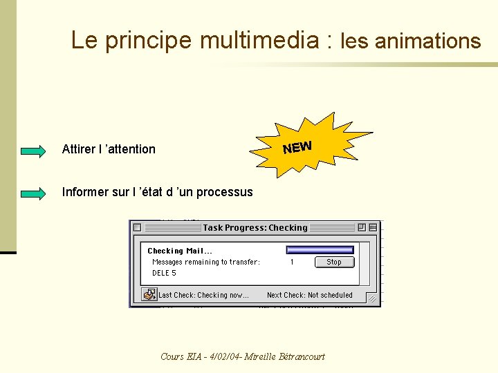 Le principe multimedia : les animations NEW Attirer l ’attention Informer sur l ’état