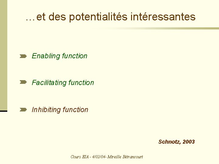 …et des potentialités intéressantes Enabling function Facilitating function Inhibiting function Schnotz, 2003 Cours EIA