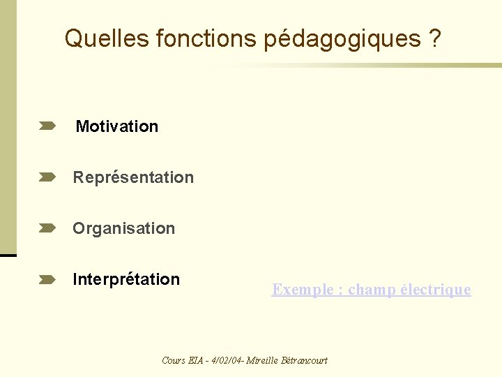 Quelles fonctions pédagogiques ? Motivation Représentation Organisation Interprétation Exemple : champ électrique Cours EIA