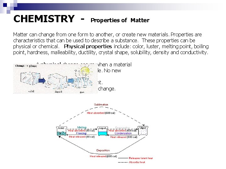 CHEMISTRY - Properties of Matter can change from one form to another, or create