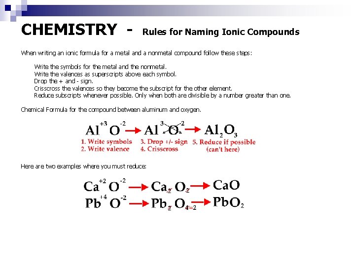 CHEMISTRY - Rules for Naming Ionic Compounds When writing an ionic formula for a